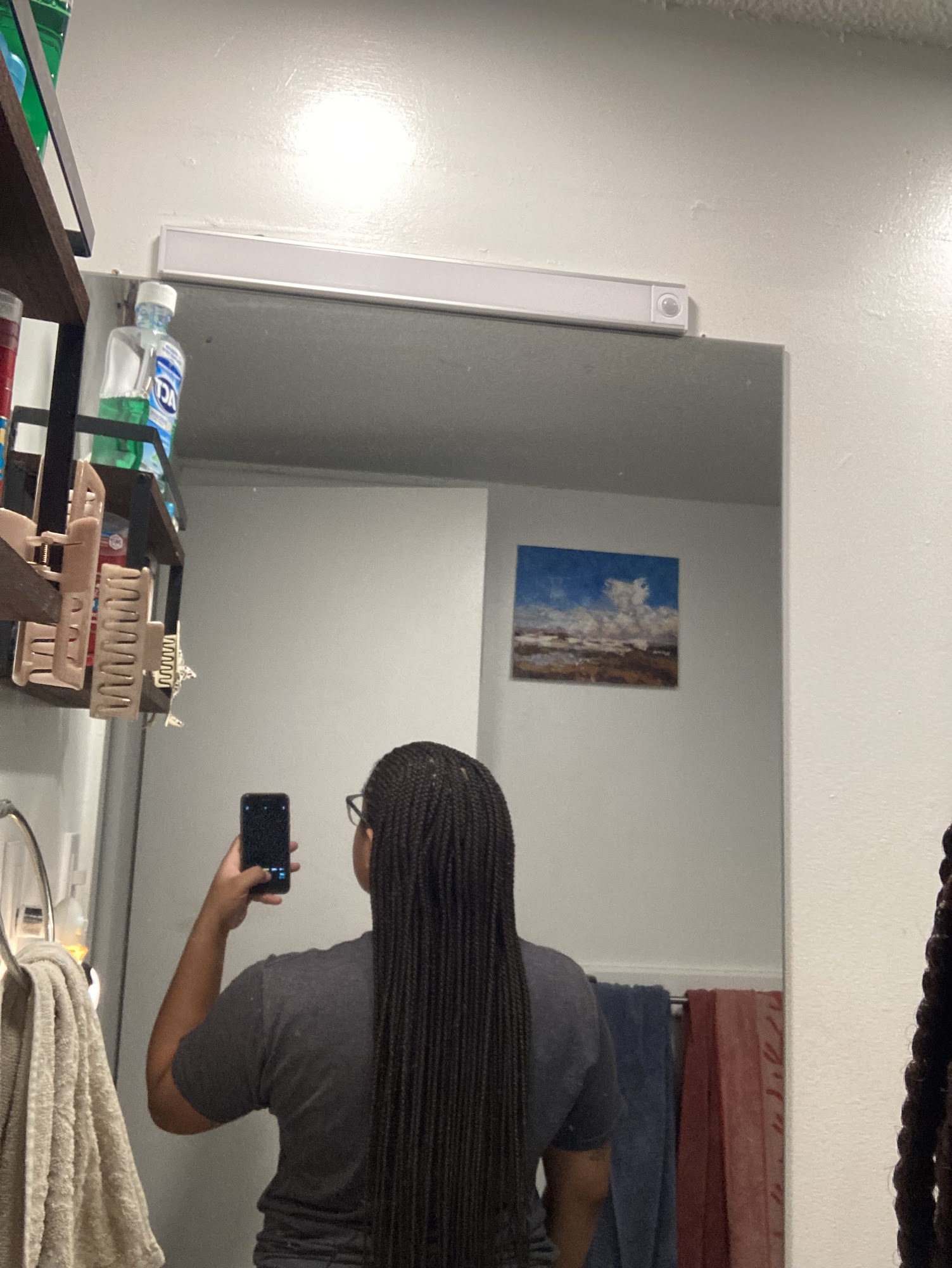 Long black braids shown from behind in front of the salon's gold lettered backdrop